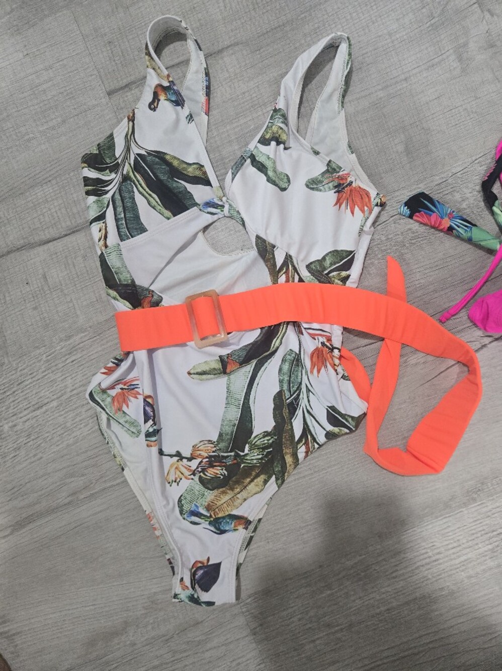White Tropical Print  One-Piece Swimsuit with Neon Orange Belt
